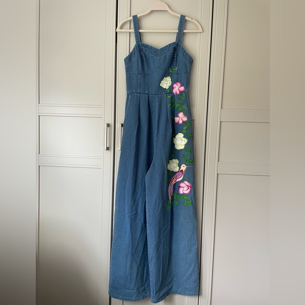 Painted Floral Denim Jumpsuit